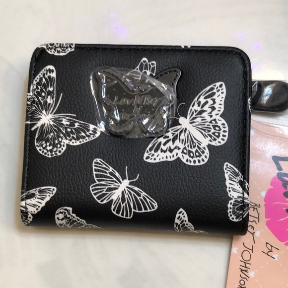 Betsey Johnson Luv Betsey Snap Card Wallet Black & White Butterflies NWT - Picture 14 of 16